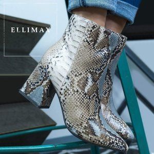 NEW🔥 Snakeskin Print Pointed Closed Toe Ankle Boot Booties 3" Block Heel Zipper